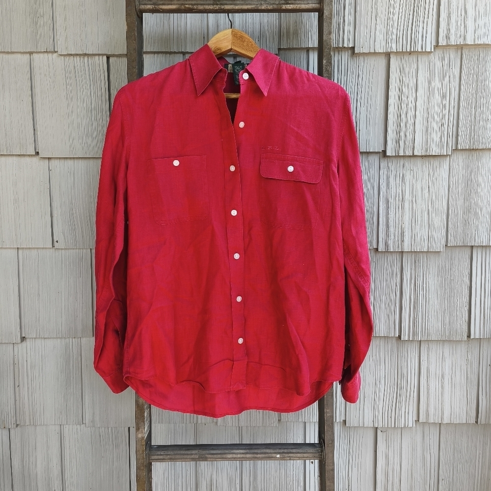 90s y2k Lauren Ralph Lauren 100% Linen Button Down Top sz M Red Preppy Old Money
